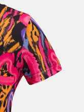 Streecool Kids Girls Y2K Stylish Colorful Heart & Leopard Print Side Ruffle Short Sleeve Bodycon Mini Dress